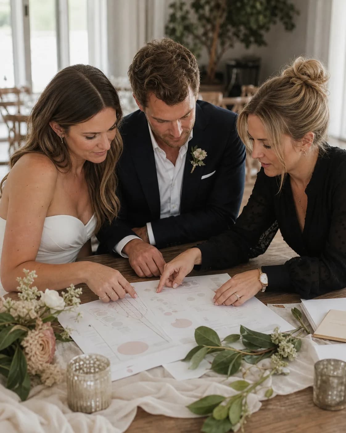 Couple and wedding planner reviewing the day plan at a flower-covered table