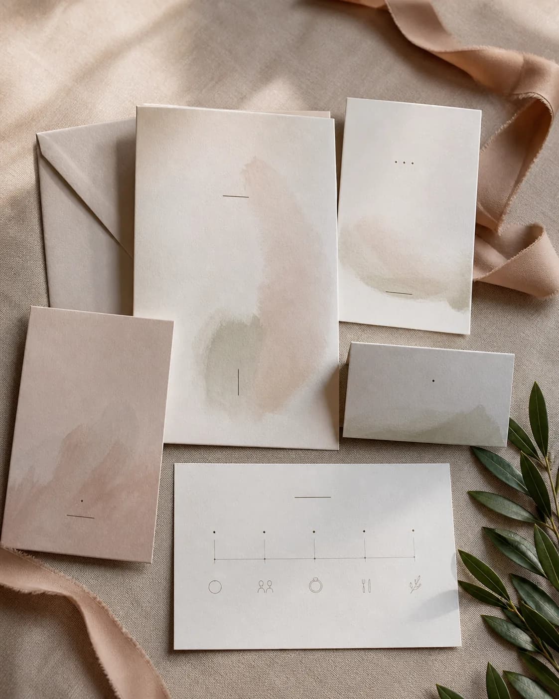Coordinated wedding stationery and planning templates arranged as one suite