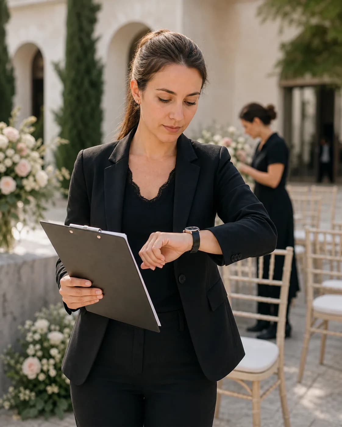 Wedding coordinator checking the run sheet and time as the venue is prepared