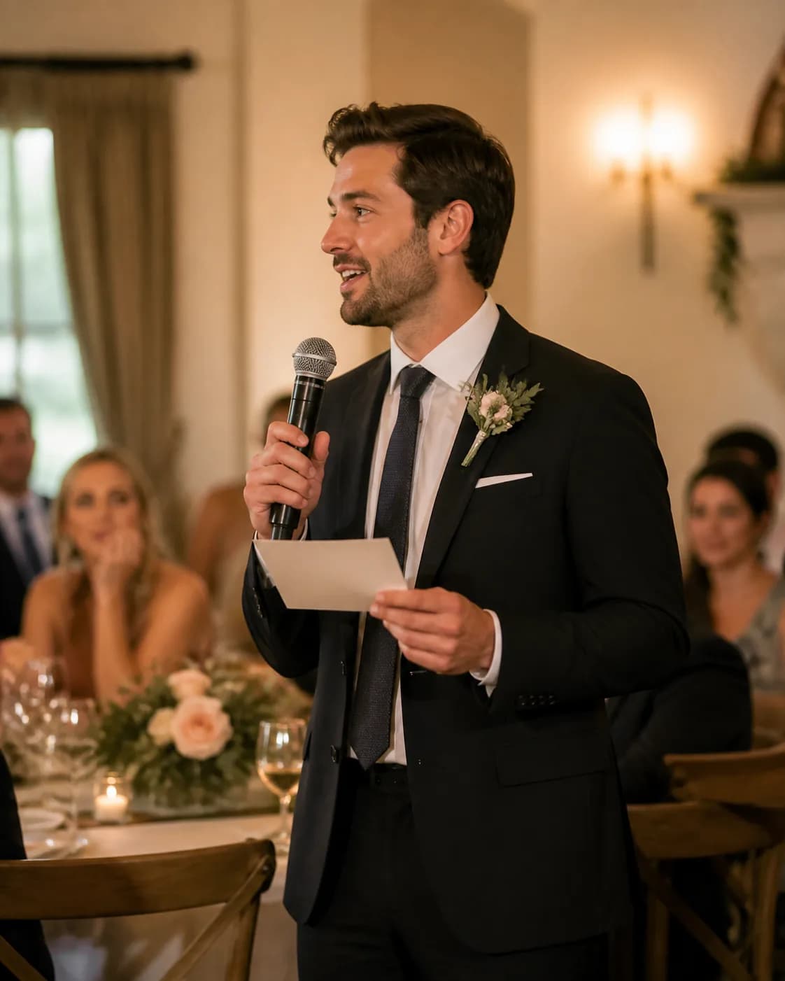 Wedding host speaking to guests during a warmly lit reception