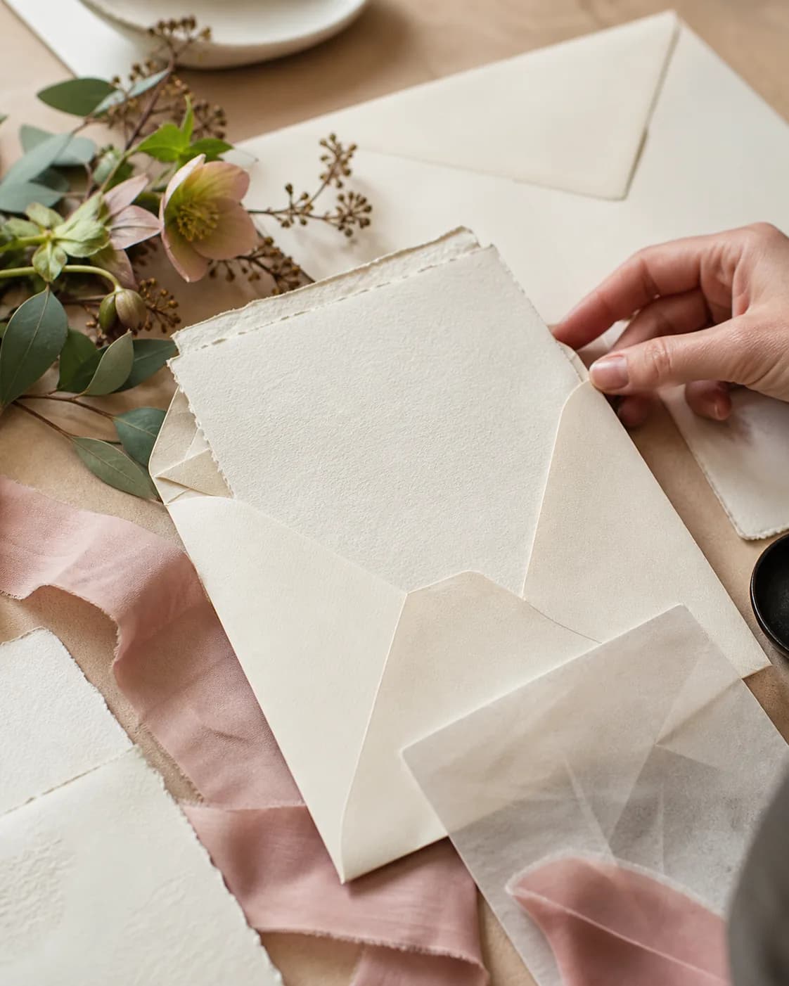 Ivory wedding stationery arranged with envelopes, ribbon, and flowers